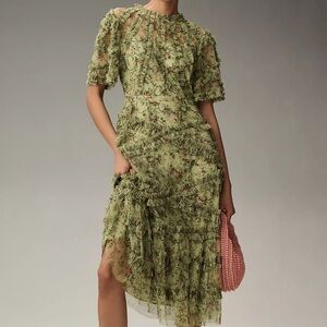 Mac Duggal Short-Sleeve Mesh Midi Dress